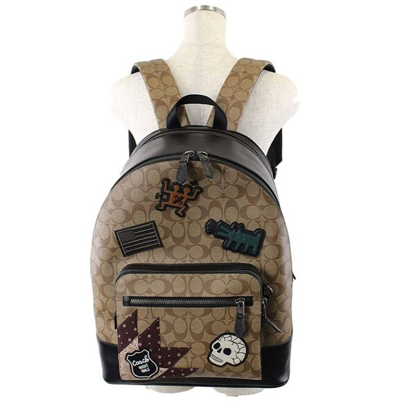 Coach Brown Keith Haring Signature Canvas Backpack with Black Trim and Patces main image 10